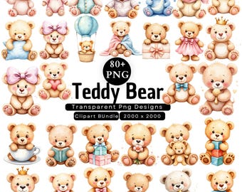 80+Teddy Bear Clipart PNG Bundle, Watercolor Baby Bear PNG, Cute Baby Shower Clipart, Boy Nursery Animal Graphics, Kid Party Elements Images