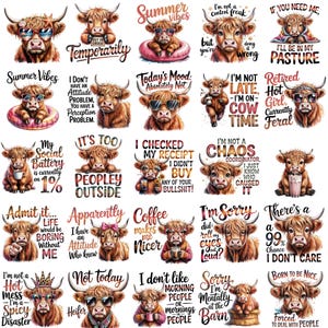 30+ Funny Highland Cow PNG Bundle, Sassy Highland Cow Sublimation Design, Sarcastic Cow Quotes PNG, Cow Lover Shirt Design, Digital Download image 2