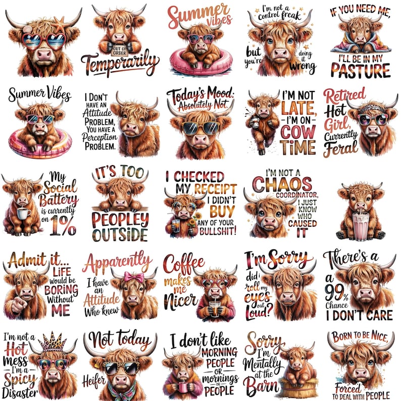 30+ Funny Highland Cow PNG Bundle, Sassy Highland Cow Sublimation Design, Sarcastic Cow Quotes PNG, Cow Lover Shirt Design, Digital Download image 2
