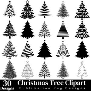 Può includere: Una collezione di 30 illustrazioni di alberi di Natale in bianco e nero con vari stili, tra cui sagome piene, disegni a linee dettagliati e schizzi strutturati, disposti in una griglia con il testo 30 Christmas Tree Clipart.