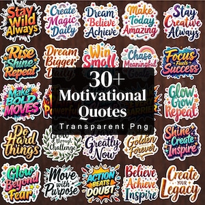 Puede incluir: Una colección de más de 30 pegatinas con citas motivacionales en varios colores y fuentes. Incluye frases como «Stay Wild Always» y «Create Your Legacy». Las pegatinas son PNG transparentes.