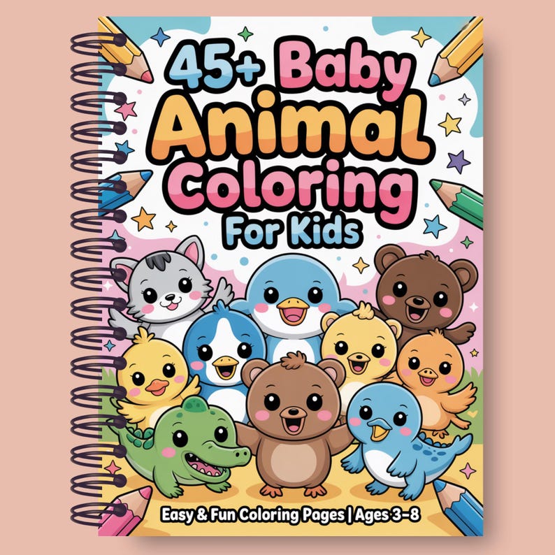 Puede incluir: Un libro para colorear para ni&ntilde;os con encuadernaci&oacute;n en espiral. La portada muestra el t&iacute;tulo "45+ Baby Animal Coloring For Kids" con ilustraciones de lindos animales beb&eacute;s. El texto "Easy & Fun Coloring Pages | Ages 3-8" tambi&eacute;n es visible.