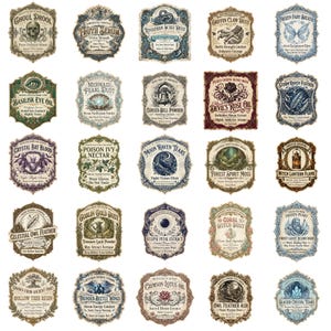 May include: A collection of twenty-five rectangular and ornate apothecary labels featuring intricate illustrations and text for fictional ingredients like Ghoul Drool, Mermaid Pearl Dust, and Devil's Rose Oil, each with a unique decorative border.