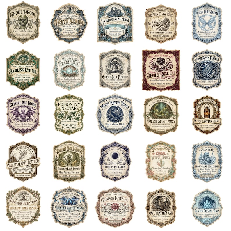 May include: A collection of twenty-five rectangular and ornate apothecary labels featuring intricate illustrations and text for fictional ingredients like Ghoul Drool, Mermaid Pearl Dust, and Devil's Rose Oil, each with a unique decorative border.