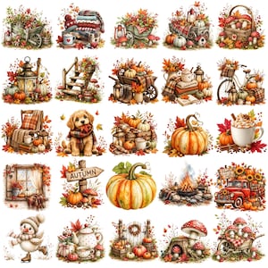 May include: A collection of twenty-five distinct autumn-themed illustrations featuring pumpkins, mushrooms, cozy blankets, lanterns, a puppy, a snowman, a red truck, and a campfire, all decorated with fall foliage, berries, and seasonal motifs.