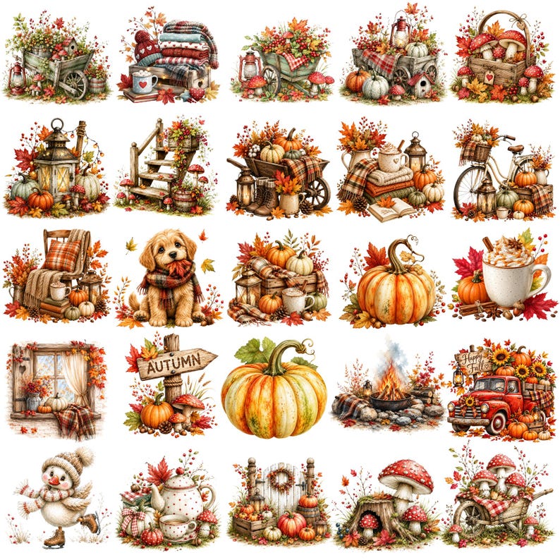 May include: A collection of twenty-five distinct autumn-themed illustrations featuring pumpkins, mushrooms, cozy blankets, lanterns, a puppy, a snowman, a red truck, and a campfire, all decorated with fall foliage, berries, and seasonal motifs.