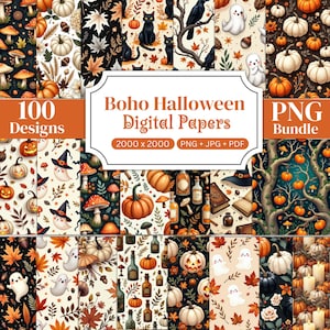 Paquete de papeles digitales PNG de Halloween estilo bohemio, papeles digitales de Halloween estilo cottagecore, diseños de gato negro y calabaza, papeles para álbumes de recortes imprimibles.