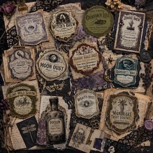 May include: A collection of vintage-style apothecary labels featuring titles like Third Eye Drops, Witch's Brew, Cockroach Legs, Zombie Brew, Raven Feather Tonic, Moon Dust, Dragon Scale Dust, Banshee's Wail, Slime Mold Serum, Poison, and Mandrake Root Essence.