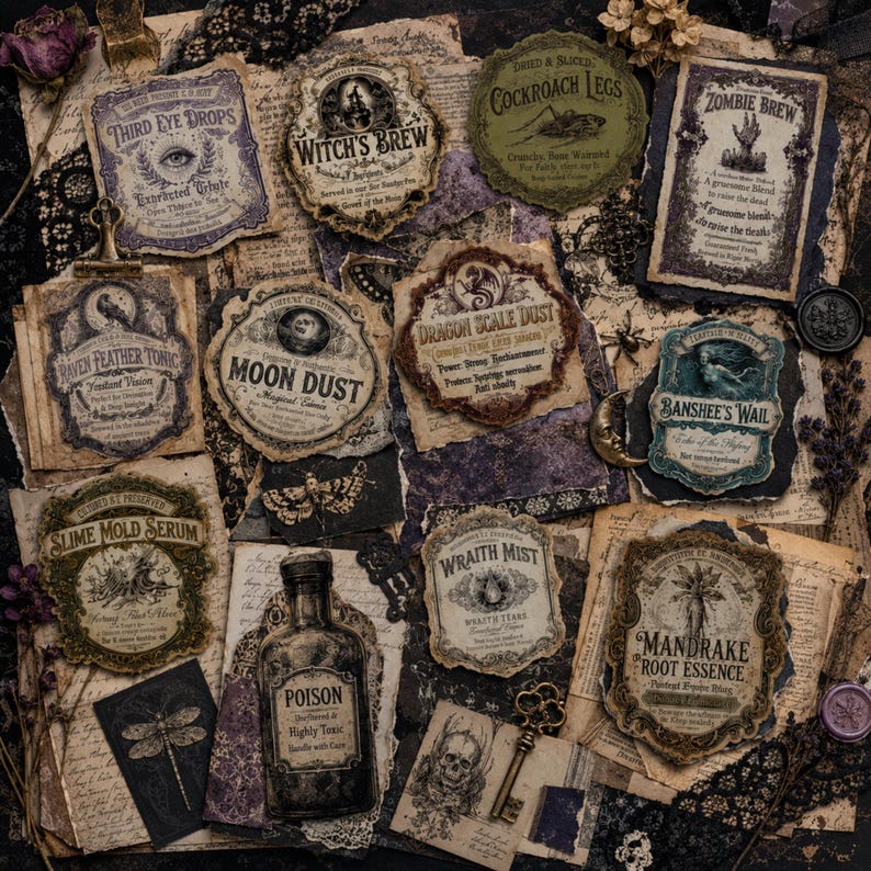 May include: A collection of vintage-style apothecary labels featuring titles like Third Eye Drops, Witch's Brew, Cockroach Legs, Zombie Brew, Raven Feather Tonic, Moon Dust, Dragon Scale Dust, Banshee's Wail, Slime Mold Serum, Poison, and Mandrake Root Essence.