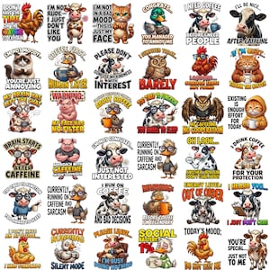 May include: A collection of thirty individual stickers featuring cartoon animals including cows, chickens, ducks, cats, owls, and pigs. Each sticker displays a unique character paired with humorous text related to coffee, mood, and daily social interactions.