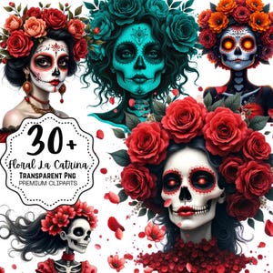 Vibrant Floral La Catrina Clipart, Day of the Dead PNG, Colorful Sugar Skull Art, LA Catrina bundle, Floral Skull, Día de los Clipart