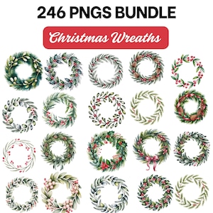 May include: A collection of 246 PNG images featuring various Christmas wreaths. The wreaths are round and decorated with greenery, berries, pinecones, and bows. The text "Christmas Wreaths" is displayed on a red banner.
