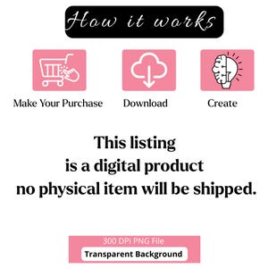 May include: An instructional graphic with the text How it works, featuring three pink icons: a shopping cart, a download cloud, and a lightbulb brain. Below, text states: This listing is a digital product no physical item will be shipped. 300 DPI PNG File.