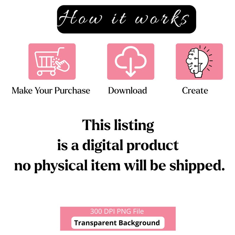 May include: An instructional graphic with the text How it works, featuring three pink icons: a shopping cart, a download cloud, and a lightbulb brain. Below, text states: This listing is a digital product no physical item will be shipped. 300 DPI PNG File.
