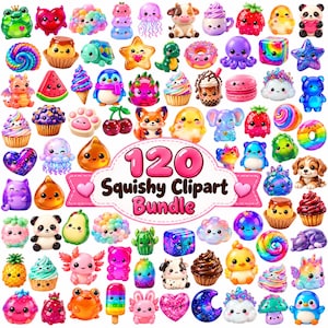 Può includere: Una collezione di 120 illustrazioni colorate in stile squishy raffiguranti animali, cibo e forme con facce sorridenti. Il testo centrale recita 120 Squishy Clipart Bundle, circondato da varie icone tra cui cupcake, frutta, stelle e creature.