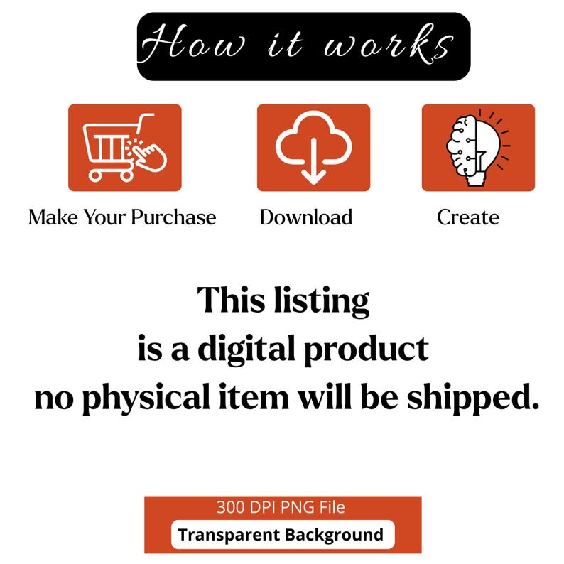 May include: An informational graphic titled How it works with three orange icons representing a shopping cart, a download arrow, and a lightbulb brain. Text states: This listing is a digital product no physical item will be shipped. 300 DPI PNG File.