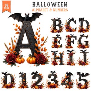 Op de afbeelding: Een digitale collectie van 36 letters en cijfers in Halloween-thema, bestaande uit donkere, versierde tekens gedecoreerd met oranje herfstbladeren, rode rozen, kleine pompoenen en zwarte vleermuizen die bovenop elk teken zitten.