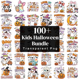 Halloween-PNG-Bundle für Kinder, Little Miss Bootiful PNG, Hello Boo, Kawaii-Geist- und Kürbis-Cliparts, Niedliche Halloween-Sublimationsmotive, Digitaler Download