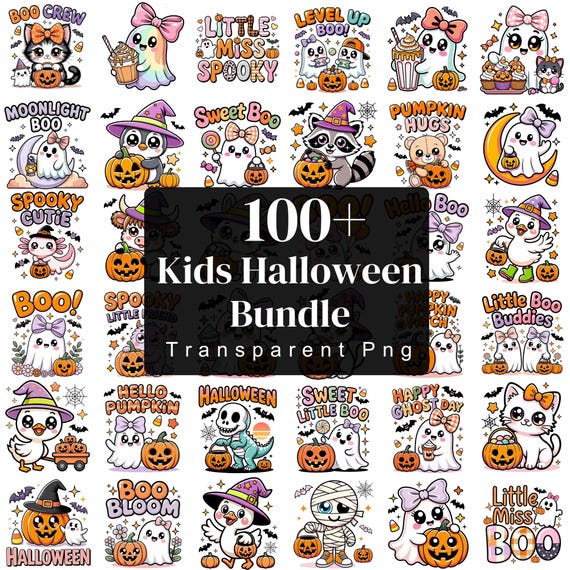 Kids Halloween PNG Bundle, Little Miss Bootiful PNG, Hello Boo, Kawaii Ghost & Pumpkin Clipart, Cute Halloween Sublimation, Digital Download