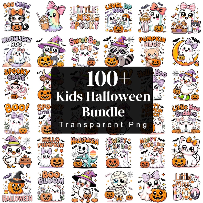 Kids Halloween PNG Bundle, Little Miss Bootiful PNG, Hello Boo, Kawaii Ghost & Pumpkin Clipart, Cute Halloween Sublimation, Digital Download image 1