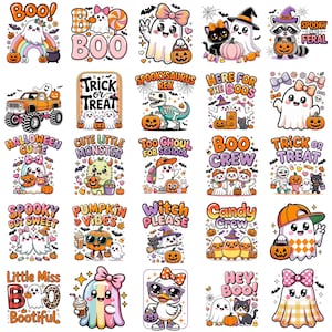 May include: A collection of twenty-five colorful Halloween-themed stickers featuring cartoon ghosts, pumpkins, cats, and monsters. The designs include various phrases like Boo, Trick or Treat, Spookysaurus Rex, Here for the Boos, and Witch Please, rendered in bright, playful colors and patterns.