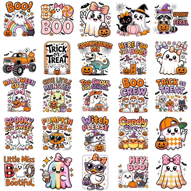 May include: A collection of twenty-five colorful Halloween-themed stickers featuring cartoon ghosts, pumpkins, cats, and monsters. The designs include various phrases like Boo, Trick or Treat, Spookysaurus Rex, Here for the Boos, and Witch Please, rendered in bright, playful colors and patterns.
