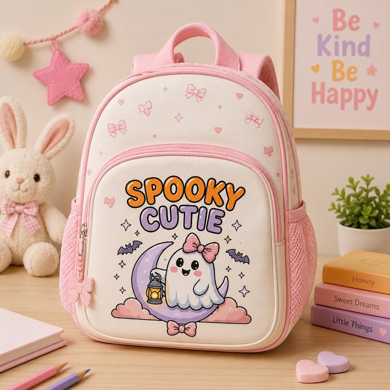 May include: A light pink and cream backpack featuring a cartoon ghost holding a lantern on a crescent moon with the text SPOOKY CUTIE. The bag has a top handle, adjustable straps, side mesh pockets, and a front zippered compartment with bow accents.