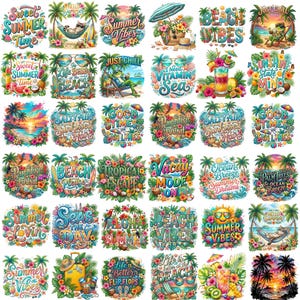 May include: A collection of thirty colorful summer-themed graphic illustrations featuring tropical motifs, palm trees, beach scenes, sunsets, and various slogans like Sweet Summer Time, Beach Vibes, and Tropical Escape in vibrant, multi-colored designs.