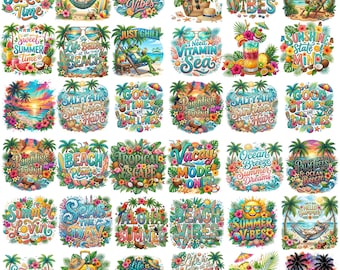 40+ Tropical Clipart PNG Bundle, Summer Beach Scene Graphics, Tropical Landscape Clipart, Summer Vibe Sublimation, Coquette Beach Quotes Png