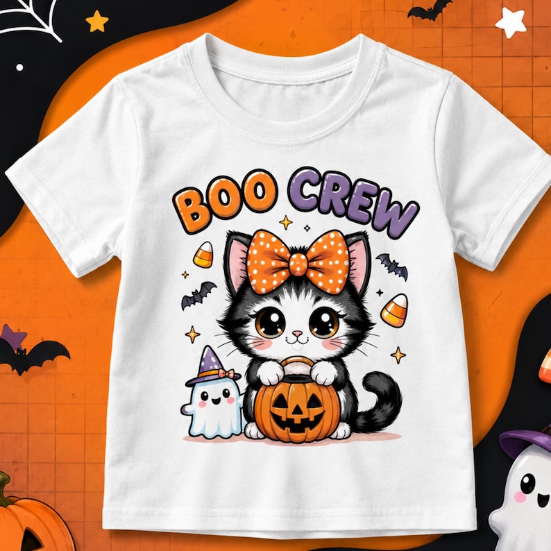 May include: A white short-sleeve t-shirt featuring a graphic of a black and white kitten wearing an orange polka-dot bow, holding a jack-o'-lantern bucket. Next to the kitten is a small ghost wearing a purple hat. The text reads BOO CREW.