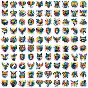 May include: A collection of colorful animal illustrations, including a fox, turtle, octopus, owl, bear, and more. Each design features a vibrant rainbow color scheme with a dripping paint effect, creating a unique and artistic aesthetic. The images are suitable for various applications.