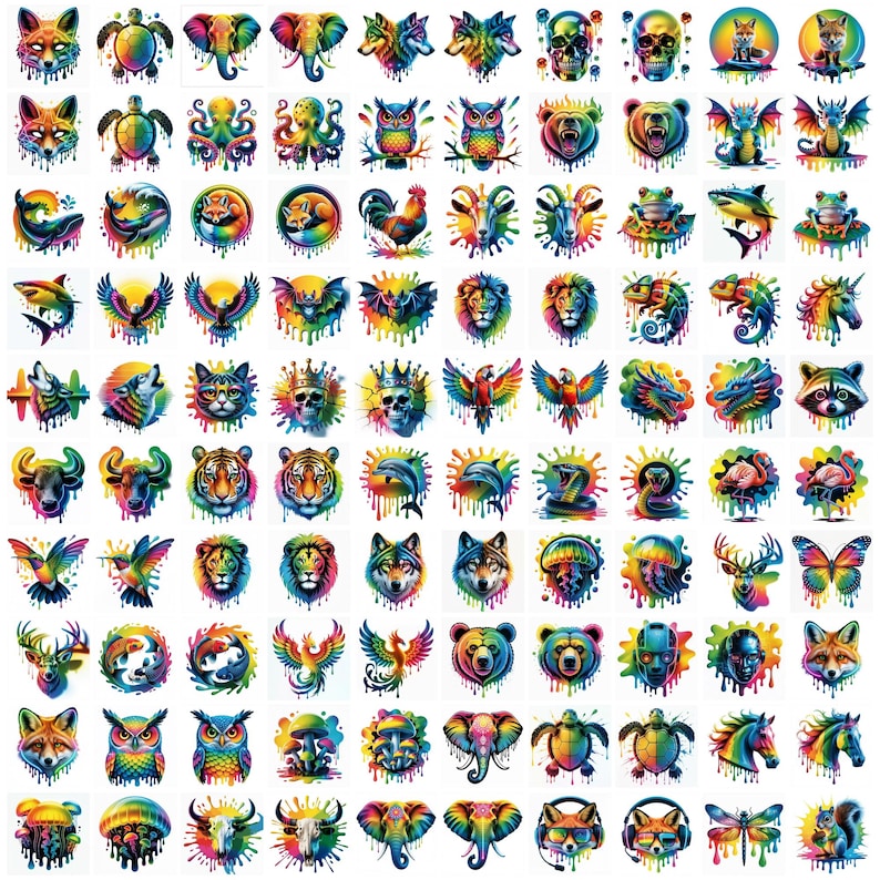 May include: A collection of colorful animal illustrations, including a fox, turtle, octopus, owl, bear, and more. Each design features a vibrant rainbow color scheme with a dripping paint effect, creating a unique and artistic aesthetic. The images are suitable for various applications.
