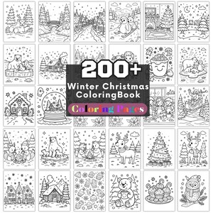 May include: A black and white coloring book with winter and Christmas themed illustrations. The cover reads "200+ Winter Christmas Coloring Book Coloring Pages". The images include scenes of animals, houses, and holiday decorations.