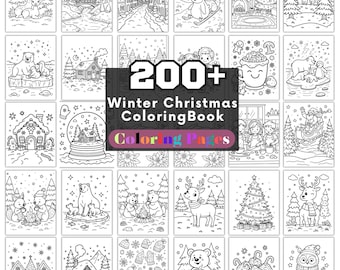 Puede incluir: Un libro para colorear en blanco y negro con ilustraciones de invierno y Navidad. La portada dice "200+ Winter Christmas Coloring Book Coloring Pages". Las imágenes incluyen escenas de animales, casas y decoraciones navideñas.