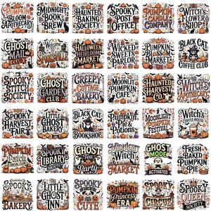 May include: A collection of thirty square graphic designs featuring Halloween themes, including pumpkins, ghosts, black cats, and witches. Each design contains stylized typography with phrases like Pumpkin Bloom Apothecary, Spooky Stitch Society, and Ghost Mode Activated, rendered in a variety of orange, black, and white color palettes.
