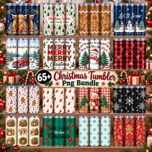 May include: A collection of cylindrical tumblers featuring various Christmas-themed designs, including highland cows, gingerbread men, snowmen, red plaid patterns, snowflakes, and text such as Merry Christmas and Let It Snow.