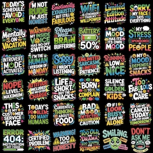 May include: A collection of thirty-five square graphic stickers on a black background, each featuring colorful, bold typography and humorous phrases such as Today's Schedule Avoid Everyone, Mentally On Vacation, and Error 404 Motivation Not Found.