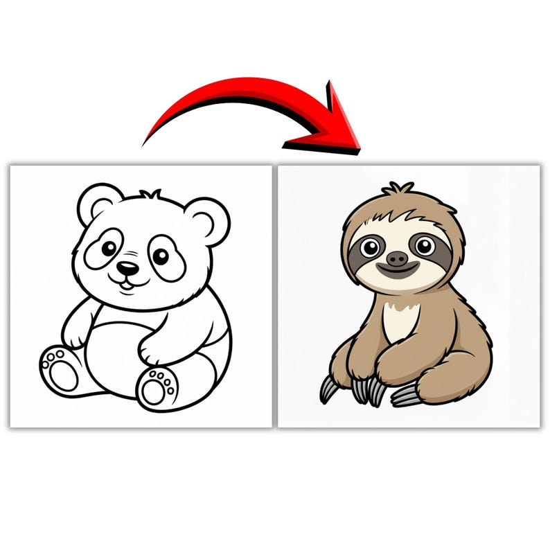 Puede incluir: Ilustraci&oacute;n de dos paneles con un panda y un perezoso. El panda es blanco y negro, al estilo de un libro para colorear. El perezoso es marr&oacute;n y beige, con una cara sonriente. Una flecha roja apunta del panda al perezoso.