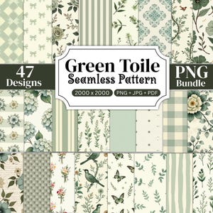 47 Watercolor Green Toile Digital Paper Bundle, Seamless Floral Toile Patterns, Vintage Spring Flower Scrapbook Papers Sublimation