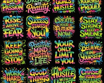 Paquete de más de 30 imágenes PNG con frases inspiradoras de graffiti, imágenes prediseñadas de tipografía urbana femenina, gráficos motivacionales para sublimación, descarga instantánea.
