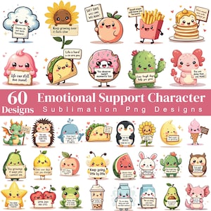Puede incluir: Una colección de 60 diseños de personajes de apoyo emocional. Cada personaje es una linda ilustración de estilo caricatura de varios alimentos, animales y objetos, sosteniendo letreros con afirmaciones positivas. Los diseños están en formato PNG.