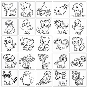 Puede incluir: Ilustraciones en blanco y negro de varios animales, incluyendo un ciervo, un oso, un murci&eacute;lago, un delf&iacute;n, un perezoso, un pollito, un gato, una vaca, un patito, un p&aacute;jaro, un elefante, un oso de peluche, un cocodrilo, un le&oacute;n, un perro, un mono, una jirafa, un pony, una tortuga, un mapache, un ping&uuml;ino, un loro, un alce y una cebra.