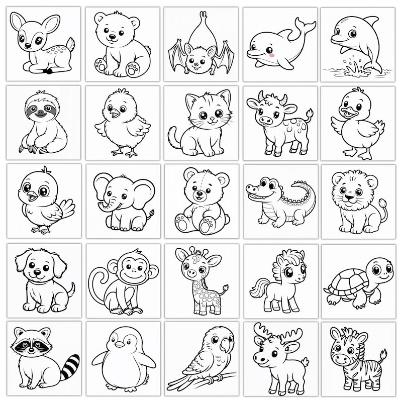 Puede incluir: Ilustraciones en blanco y negro de varios animales, incluyendo un ciervo, un oso, un murci&eacute;lago, un delf&iacute;n, un perezoso, un pollito, un gato, una vaca, un patito, un p&aacute;jaro, un elefante, un oso de peluche, un cocodrilo, un le&oacute;n, un perro, un mono, una jirafa, un pony, una tortuga, un mapache, un ping&uuml;ino, un loro, un alce y una cebra.