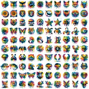 May include: A collection of colorful, dripping art designs featuring various animals, flowers, and symbols. The designs include a fox, bear, butterfly, skull, and more, with a rainbow color palette. These designs are suitable for stickers, prints, or other creative projects.