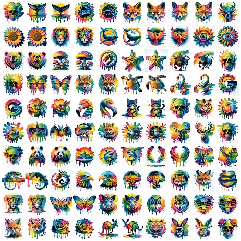 May include: A collection of colorful, dripping art designs featuring various animals, flowers, and symbols. The designs include a fox, bear, butterfly, skull, and more, with a rainbow color palette. These designs are suitable for stickers, prints, or other creative projects.