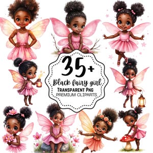 May include: Digital illustrations of Black fairy girls in pink dresses and wings. The image includes the text "35+ Black fairy girl TRANSPARENT PNG PREMIUM CLIPARTS". The fairies are depicted in different poses, some holding flowers or lanterns.