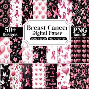 Può includere: Un pacchetto di carta digitale con oltre 50 design che presentano nastri rosa per la consapevolezza del cancro al seno, cuori, farfalle, fiori e colombe su sfondi bianchi e neri. Il testo recita Breast Cancer Digital Paper 2000 x 2000 PNG + JPG + PDF.
