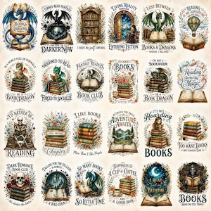 May include: A collection of twenty-four rectangular illustrations featuring fantasy themes, dragons, skulls, and stacks of books with various literary quotes like 'Books & Dragons', 'So Many Books', and 'Adventure Awaits' on a light parchment background.