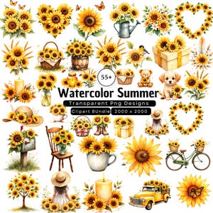 May include: A collection of watercolor illustrations featuring sunflowers, butterflies, and summer-themed elements. Includes bouquets, arrangements, and individual flowers. The text reads "Watercolor Summer Transparent Png Designs Clip Art Bundle 2000 x 2000".