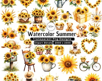 55+ Watercolor Sunflower Clipart PNG Bundle, Boho Sunflower Graphics, Spring Summer Floral PNG, Farmhouse Flower Clipart, Instant Download